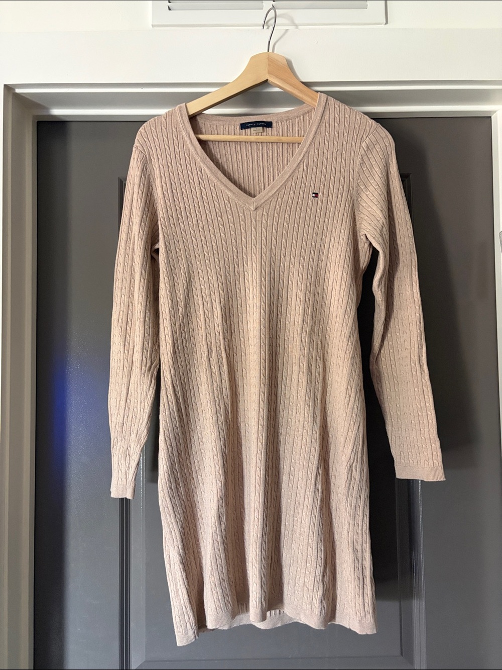 Tommy Hilfiger Beige Cable-Knit V-Neck Sweater Dress